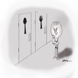 Cartoon Spork looks at two doors labelled with images of a spoon or fork looks at both in confusion