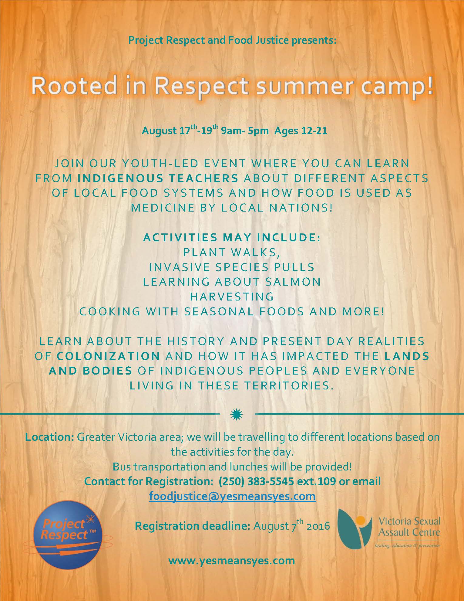 Poster on a wood background advertising Rooted in Respect summer camp from August 2016