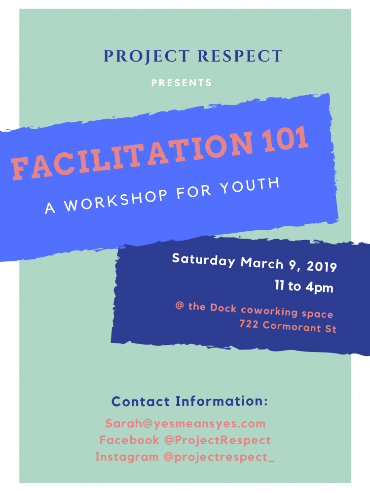 Poster for Facilitation 101, with blue and purple band of content, March 9 2019.